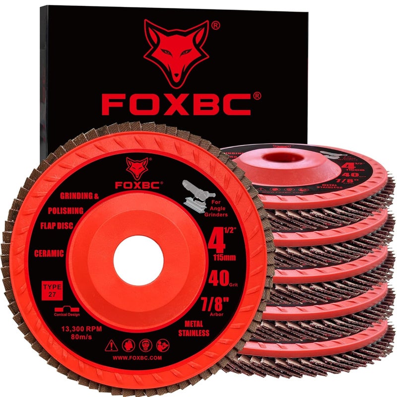 FOXBC 4-1/2 inch Ceramic Flap Disc 40 Grit for Angle Grinder with Speed HUB, Type 27, Grinding and Polishing for Metal, 5 Pack - Image 1